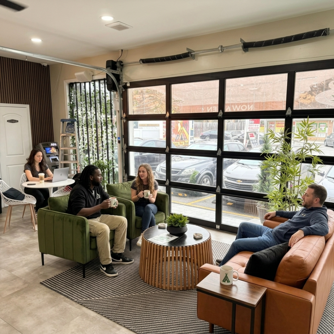 Comfortable seating in the cannabis lounge at Tipi Canna Cafe on Long Island